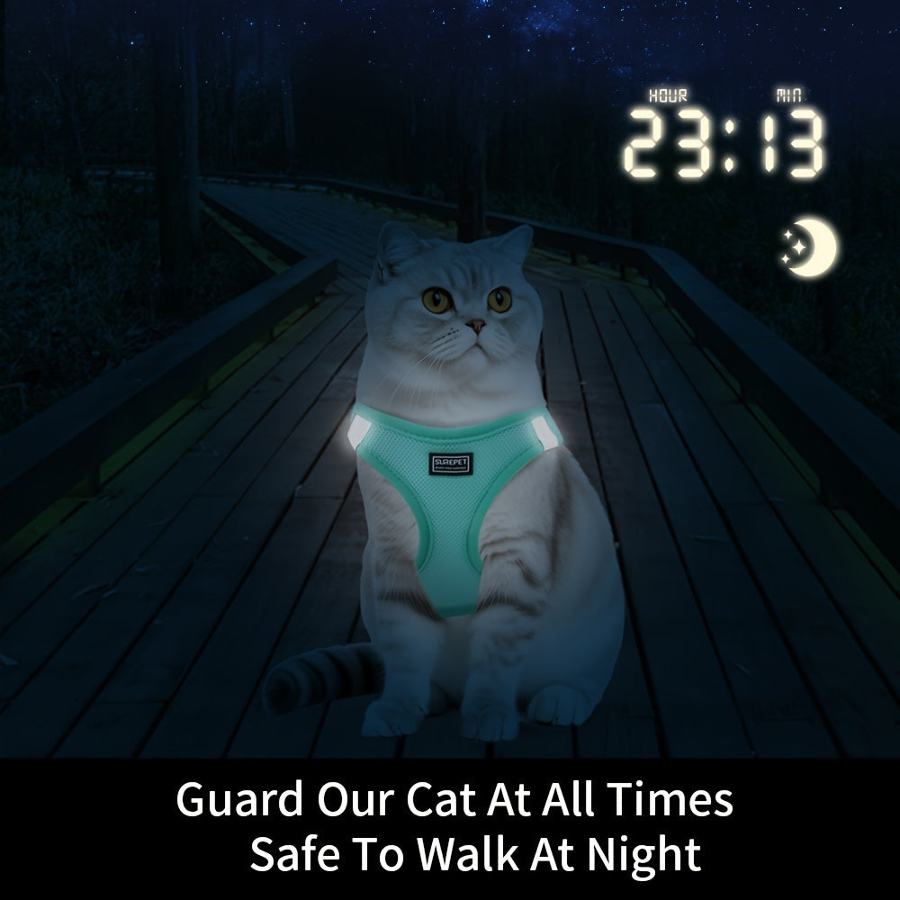 Adjustable Cat Harness with Reflective Strap, Soft Breathable Vest for Walking, Escape-Proof, Polyester, Machine Washable, Comfortable Outdoor Cat Gear