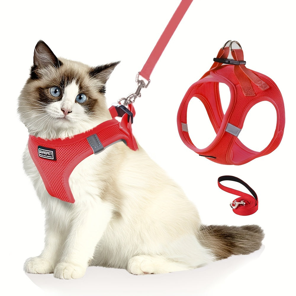 Adjustable Cat Harness with Reflective Strap, Soft Breathable Vest for Walking, Escape-Proof, Polyester, Machine Washable, Comfortable Outdoor Cat Gear