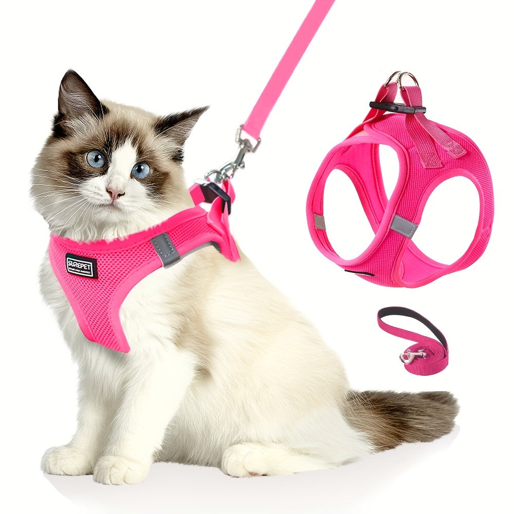 Adjustable Cat Harness with Reflective Strap, Soft Breathable Vest for Walking, Escape-Proof, Polyester, Machine Washable, Comfortable Outdoor Cat Gear