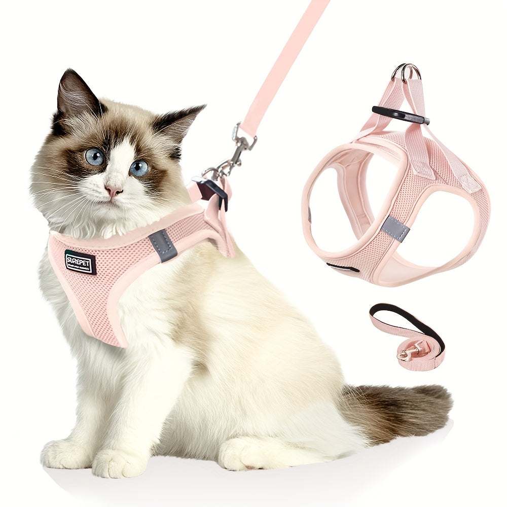 Adjustable Cat Harness with Reflective Strap, Soft Breathable Vest for Walking, Escape-Proof, Polyester, Machine Washable, Comfortable Outdoor Cat Gear