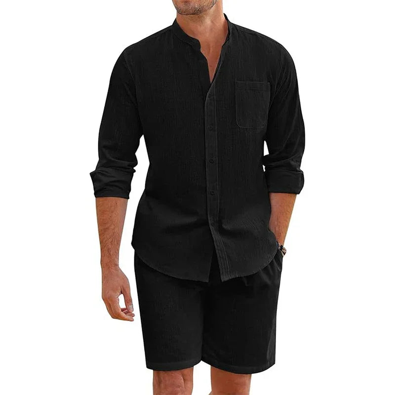 Summer Men's Casual Sets Breathable Cotton Linen Vintage Stand Collar Shirts+Shorts Sets Men Comfortable Breathable Beach Suits