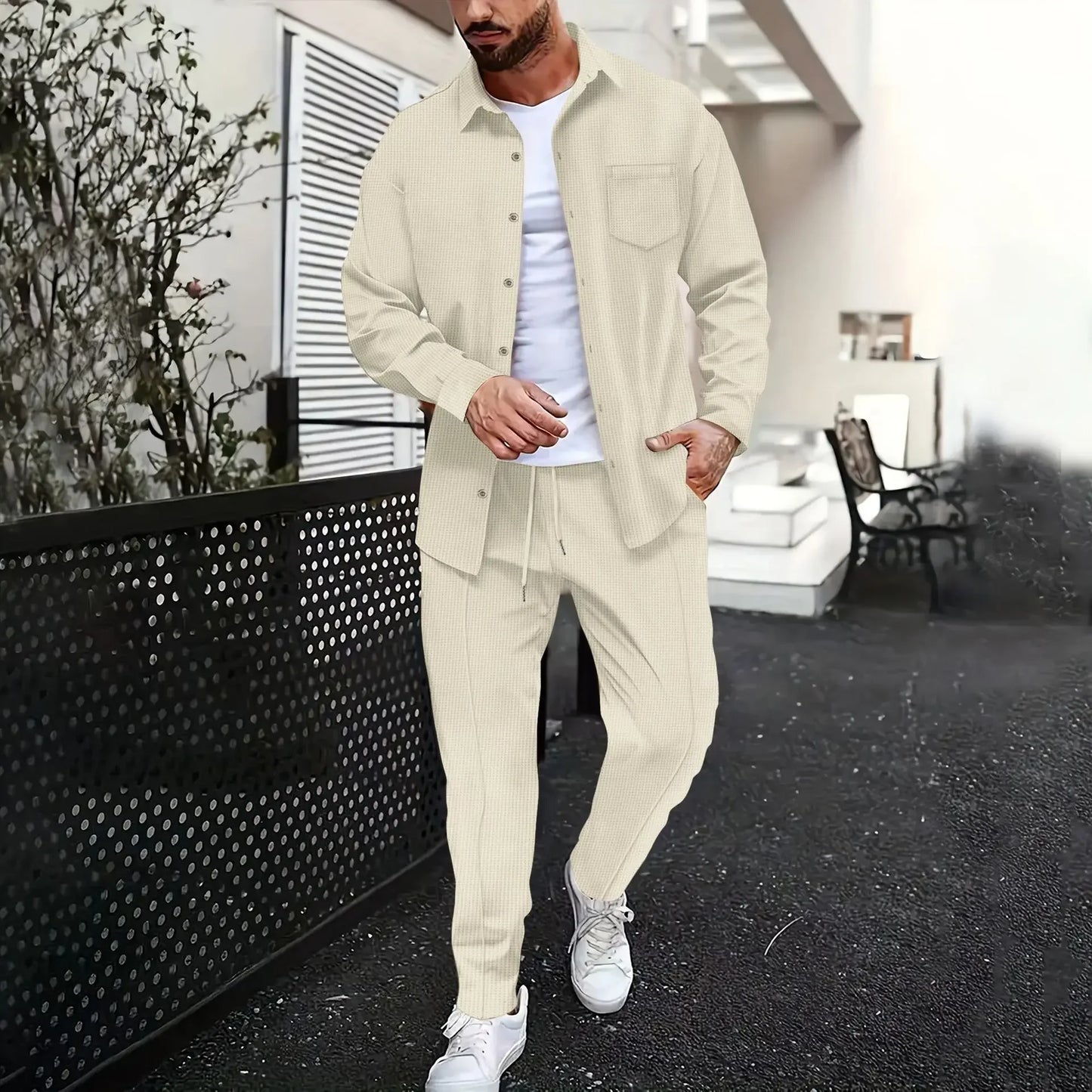 Spring and Autumn Men Waffle Solid Color Two-piece New Trend Lapel Long-sleeved Shirt and Trousers Casual Outdoor Sports Suit