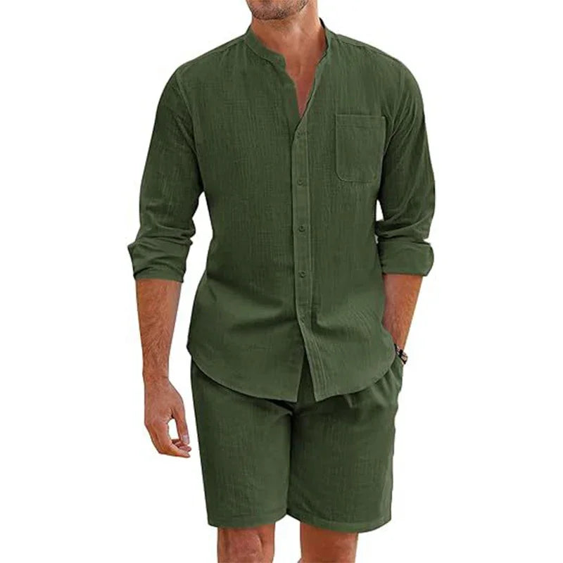 Summer Men's Casual Sets Breathable Cotton Linen Vintage Stand Collar Shirts+Shorts Sets Men Comfortable Breathable Beach Suits