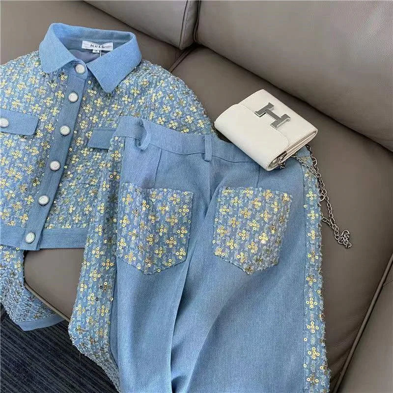2025 Spring Autumn New 2 Piece Set Korean Hong Kong Style Design Sense Single-breasted Short Ladies Coat Retro Slim Pants Sets