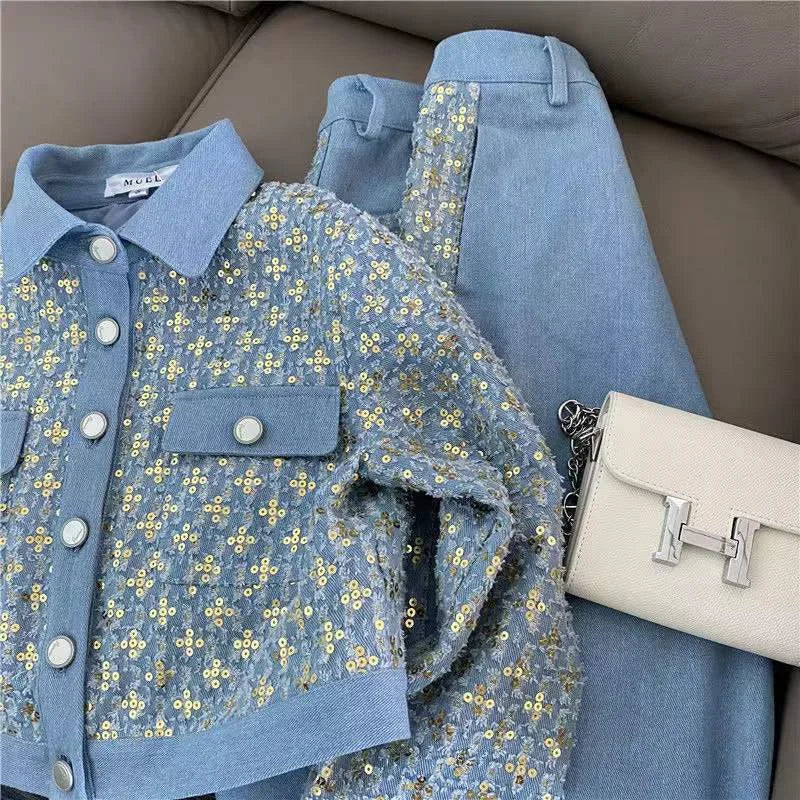2025 Spring Autumn New 2 Piece Set Korean Hong Kong Style Design Sense Single-breasted Short Ladies Coat Retro Slim Pants Sets