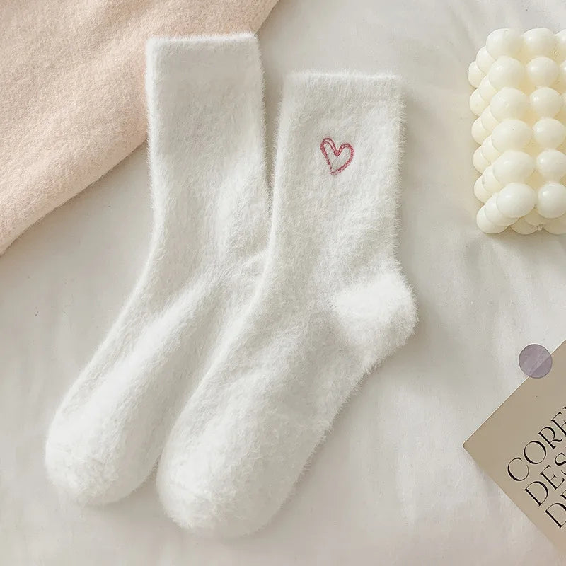 Thickened Middle Tube Socks Mink Fur Pink Embroidered Heart-shaped Women Autumn Winter Warm Sleep Home Solid Color Plush Sock