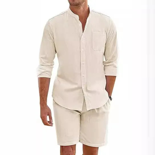 Summer Men's Casual Sets Breathable Cotton Linen Vintage Stand Collar Shirts+Shorts Sets Men Comfortable Breathable Beach Suits
