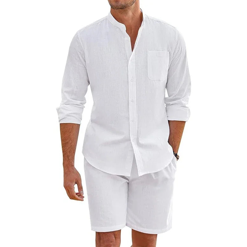 Summer Men's Casual Sets Breathable Cotton Linen Vintage Stand Collar Shirts+Shorts Sets Men Comfortable Breathable Beach Suits