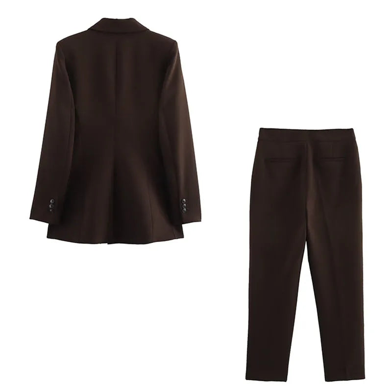 TRAFZA 2025 Women Elegant Lapel Double-Breasted Pocket Casual Blazer Coat+Fashion High Waist Zipper Loose Trousers 2 Piece Set