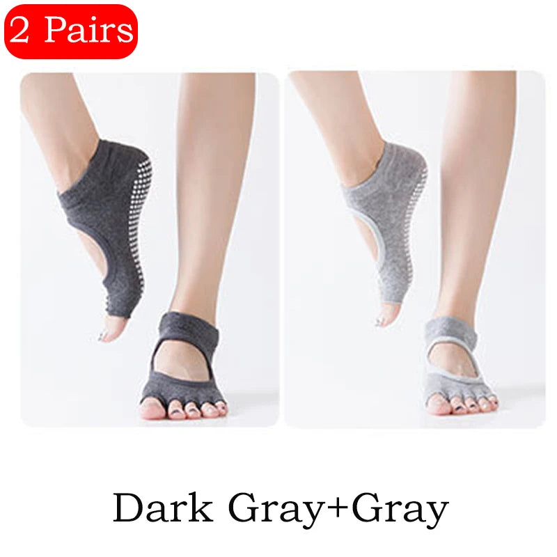2 Pairs Yoga Socks Comfort Dot Glue Five-finger Socks Women's Professional Non-slip Pilates Sports Cotton Yoga Split Toe Socks