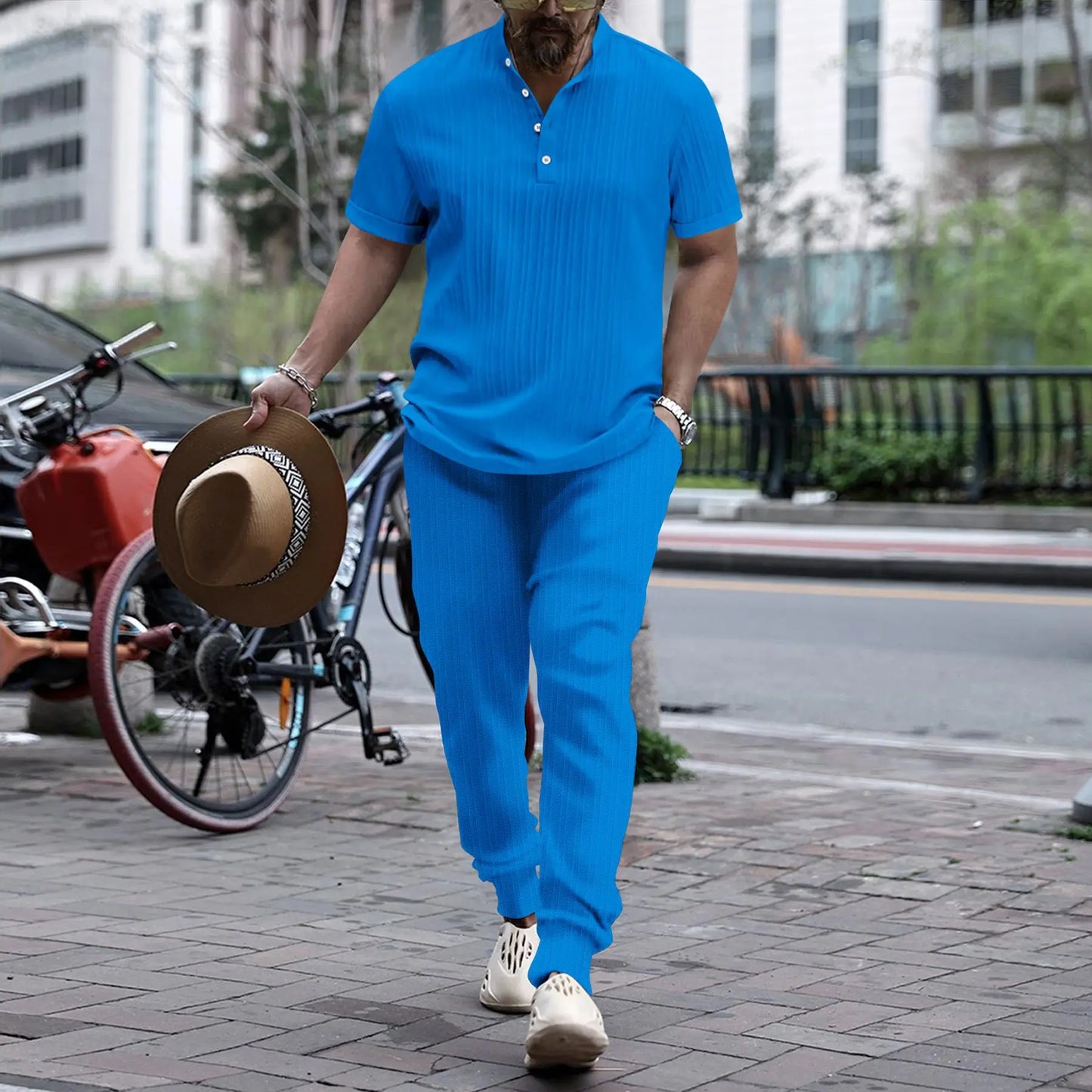 2024 new men's striped stand collar pullover fashion casual shirt short sleeve trousers comfortable trend Hawaiian beach suit