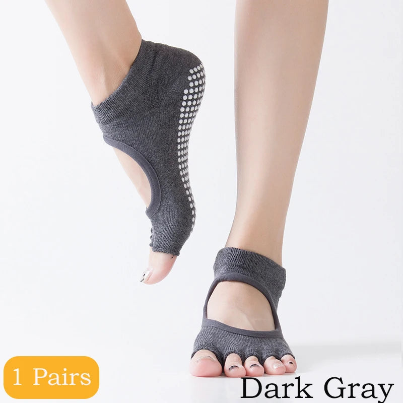 2 Pairs Yoga Socks Comfort Dot Glue Five-finger Socks Women's Professional Non-slip Pilates Sports Cotton Yoga Split Toe Socks