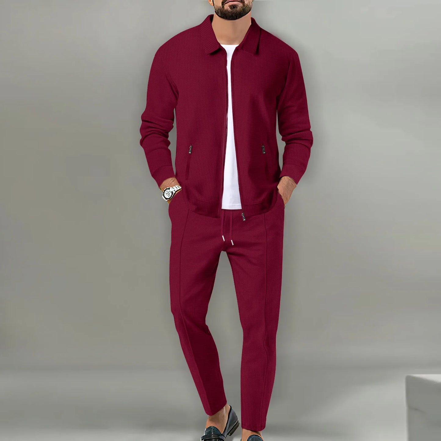2025 Spring And Autumn Men's Two-Piece Breathable Waffle Lattice Zipper Pocket Lapel slim Cardigan Coat and Pants Men's Suit