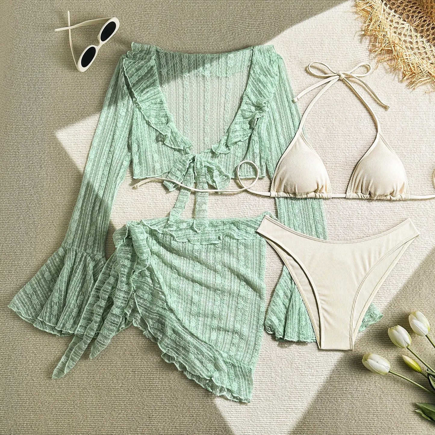 VigoCasey Sexy Solid 4 Piece Mesh Cove Up Bikini Set Swimwear Women 2025 Tied Halter Push Up Swimsuit Lady Beach Bathing Suit