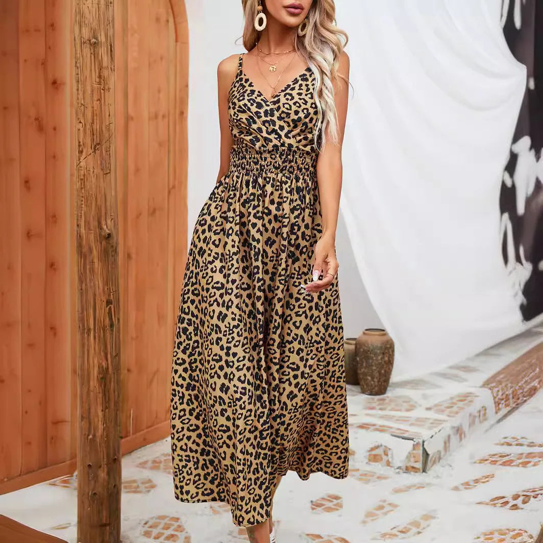 Vacation Style Women's Sexy Suspender Dress Sleeveless V-Neck Leopard Print Dress Summer Dates Party Vacations A Line Dresses
