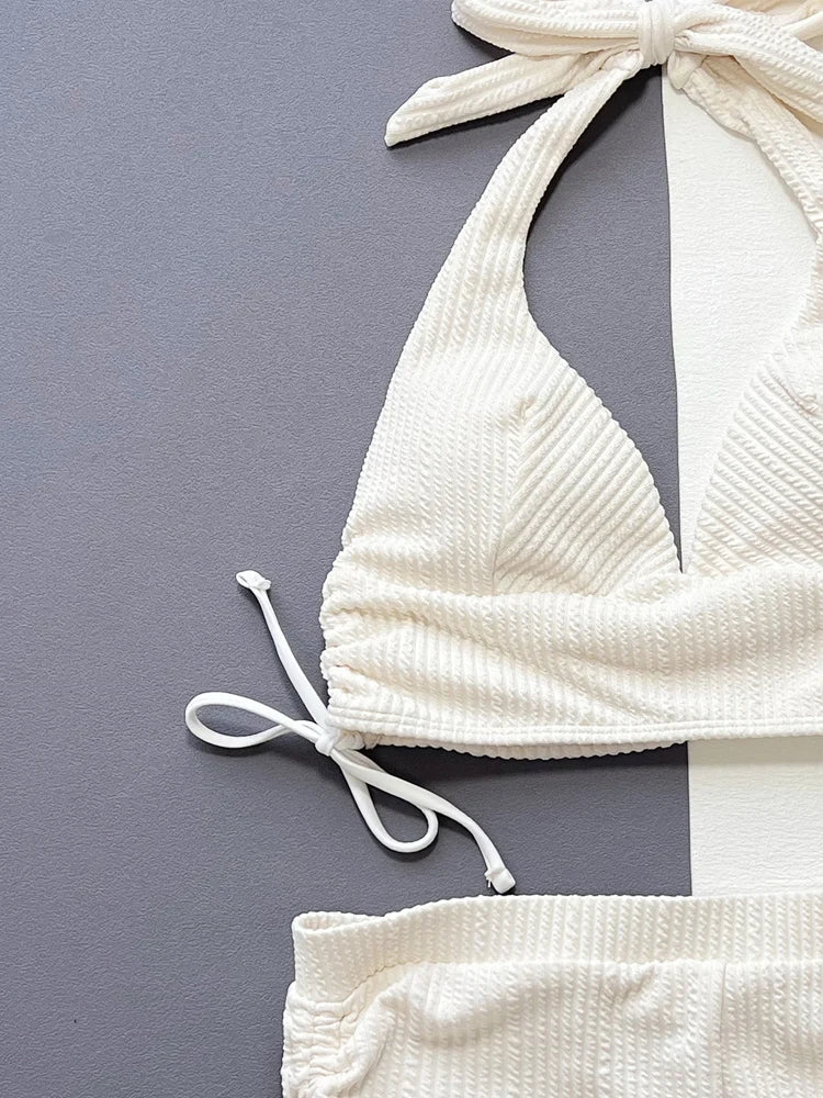 Vigoashely 2025 Sexy White Tied Halter Bikini Set High Waist Push Up Swimsuit Women Backless Swimwear Beach Summer Bathing Suit