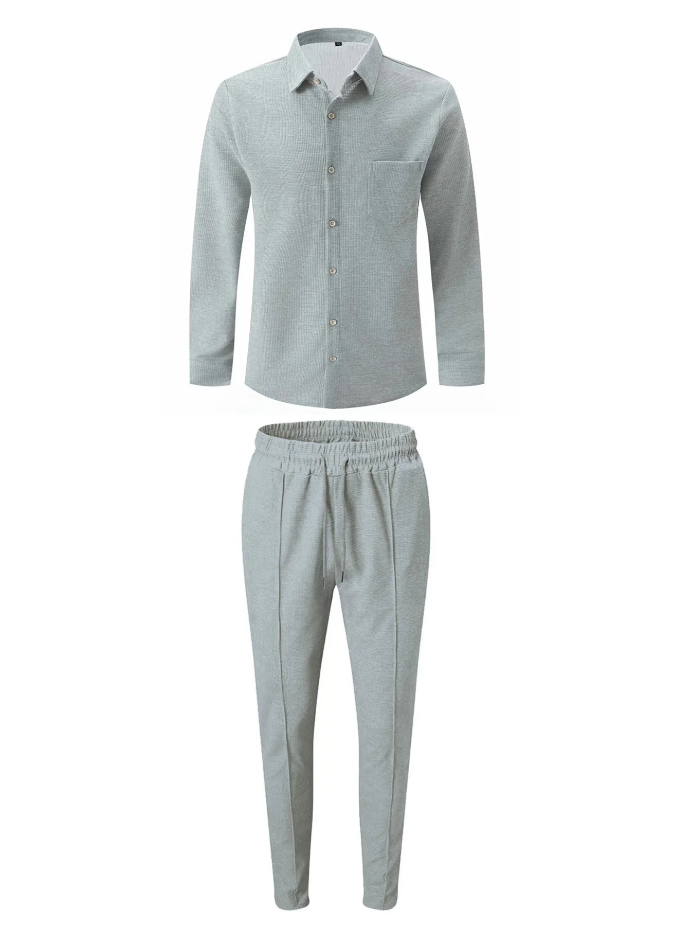 Spring and Autumn Men Waffle Solid Color Two-piece New Trend Lapel Long-sleeved Shirt and Trousers Casual Outdoor Sports Suit
