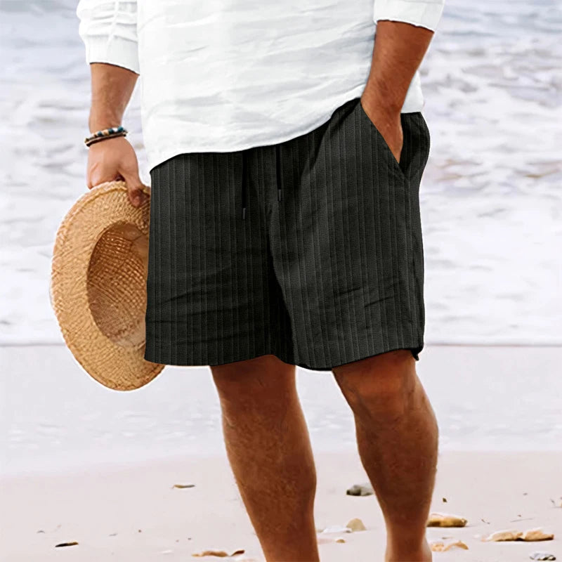 New Summer Beach Men's Linen Casual Loose Elastic Waist Striped Shorts with Drawstring Linen Cotton Track Short Pants for Man