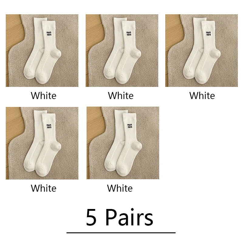 5 Pairs Socks Letter Designer Women Socks Luxury Brands Embroidered Striped Double-needle Mid-Tube Fashion Solid Cotton Socks