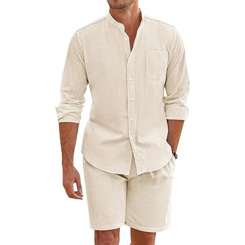 Summer Men's Casual Sets Breathable Cotton Linen Vintage Stand Collar Shirts+Shorts Sets Men Comfortable Breathable Beach Suits