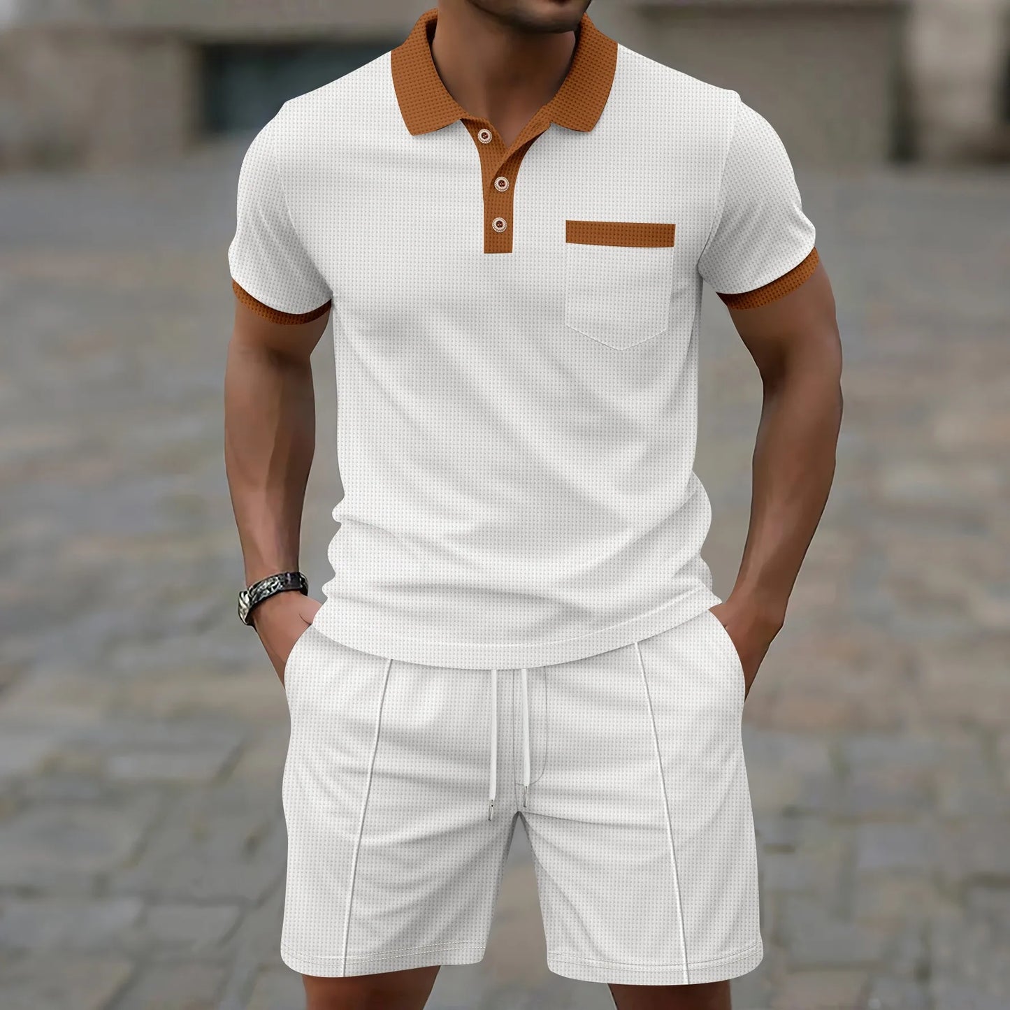 2025 summer new men waffle pocket color matching POLO shirt short sleeve shirt T-shirt shorts two sets