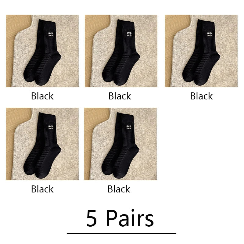 5 Pairs Socks Letter Designer Women Socks Luxury Brands Embroidered Striped Double-needle Mid-Tube Fashion Solid Cotton Socks
