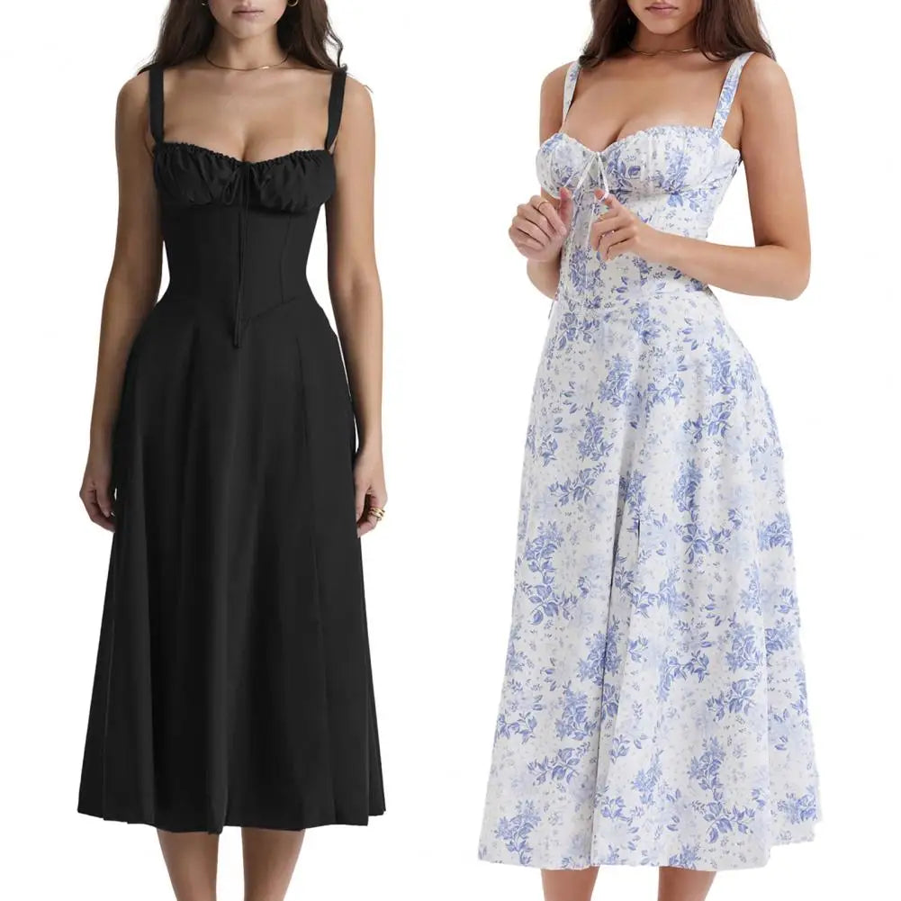 Sleeveless Party Dress Elegant Lace-up Bandeau Floral Print Midi Dress with Corset Design Side Split Hem Women's Slim for Women