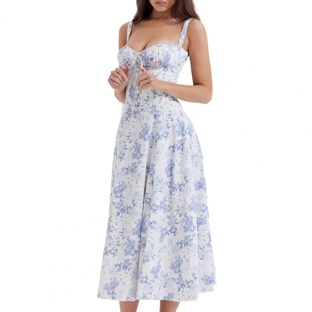 Sleeveless Party Dress Elegant Lace-up Bandeau Floral Print Midi Dress with Corset Design Side Split Hem Women's Slim for Women