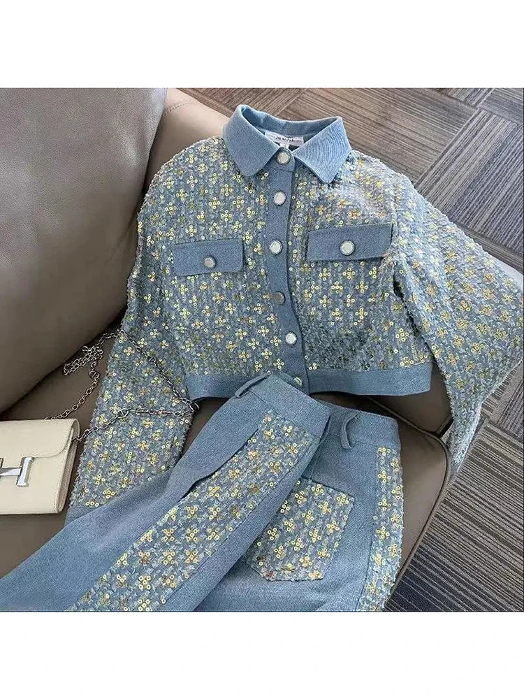 2025 Spring Autumn New 2 Piece Set Korean Hong Kong Style Design Sense Single-breasted Short Ladies Coat Retro Slim Pants Sets