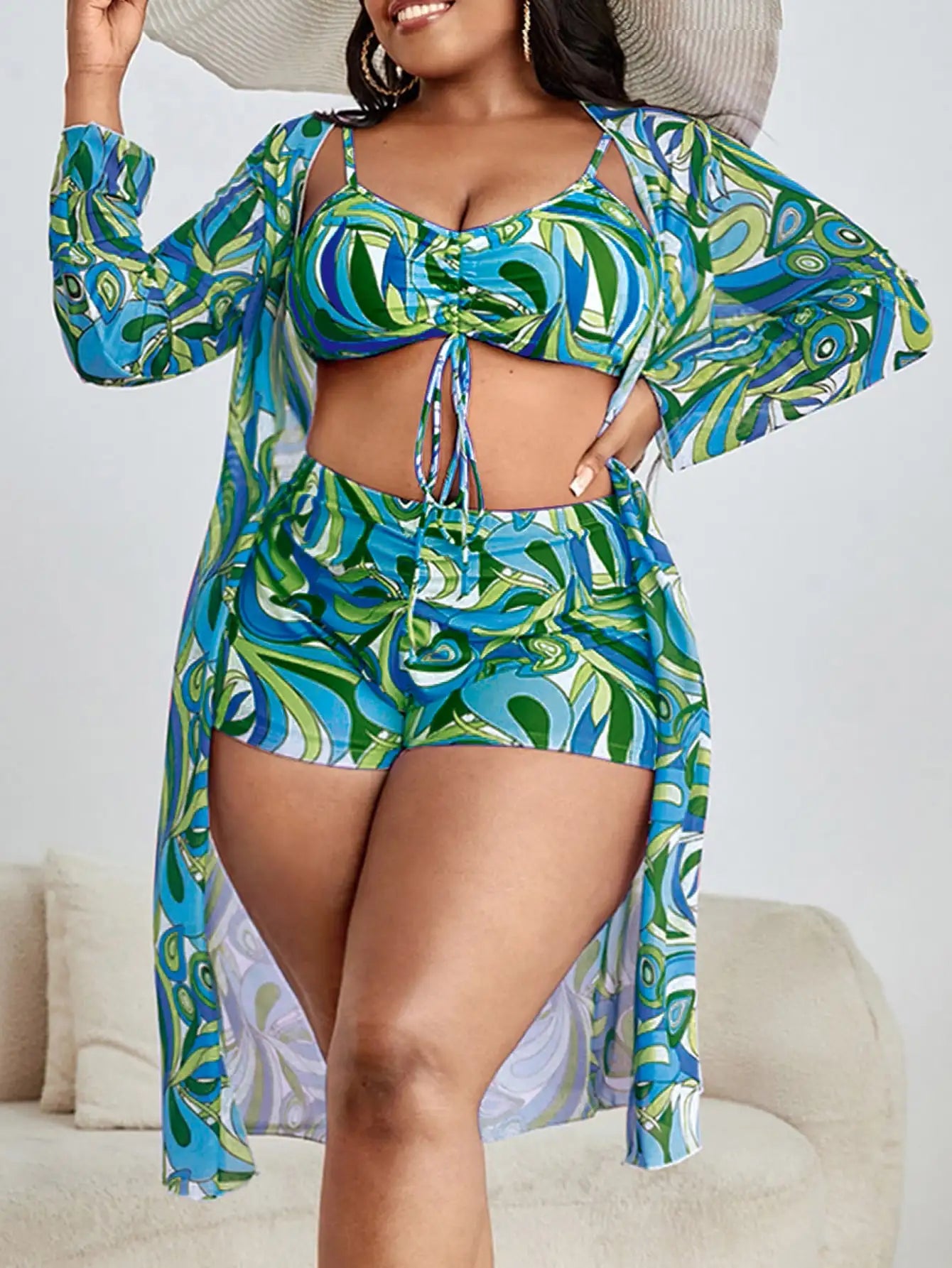 3 Pieces Large Size Bikini 2025 Printed Swimsuit Women & Kimono Drawstring Front Swimwear Female Bathing Swimming Suit Beachwear