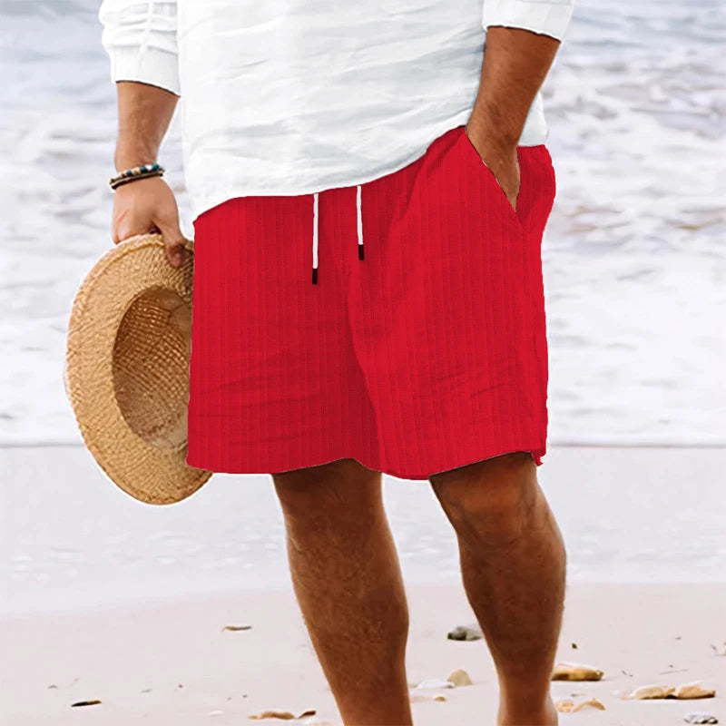 New Summer Beach Men's Linen Casual Loose Elastic Waist Striped Shorts with Drawstring Linen Cotton Track Short Pants for Man