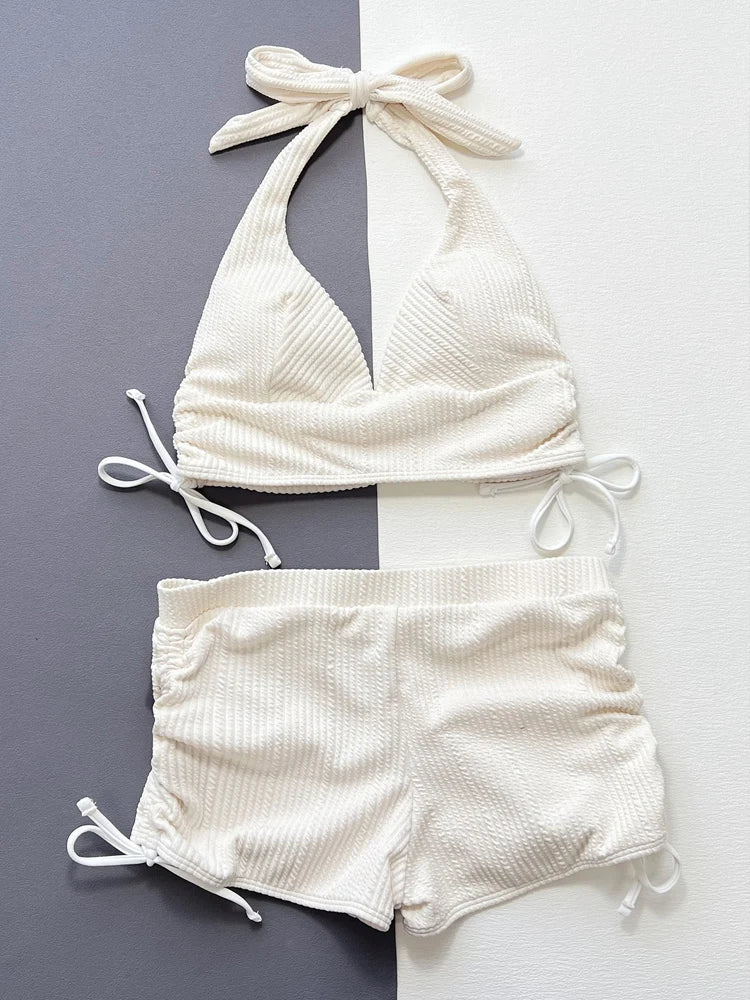 Vigoashely 2025 Sexy White Tied Halter Bikini Set High Waist Push Up Swimsuit Women Backless Swimwear Beach Summer Bathing Suit