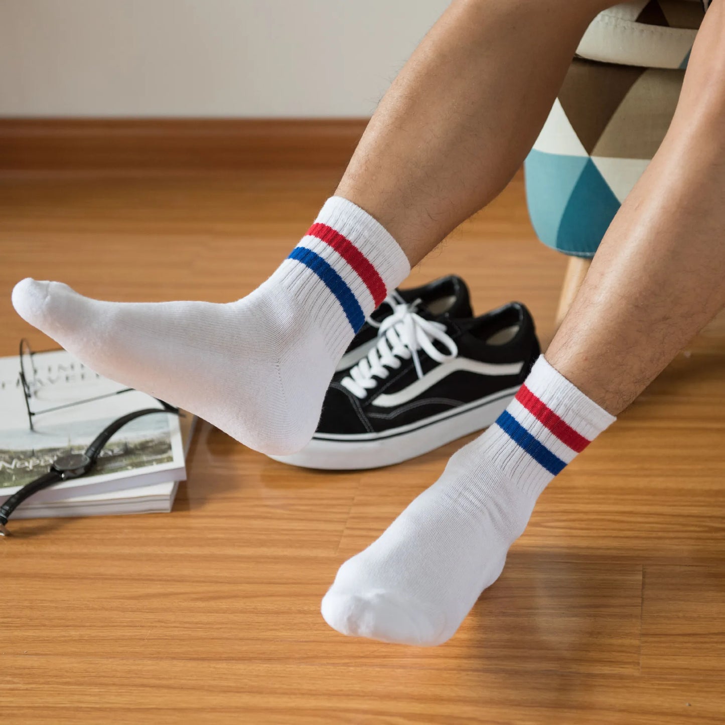Vintage Two Stripes Sports Cotton Men Ankle Socks Streetwear Hiphop Skate Hiphop Athletic White Black Shcool Designer Punk Boy