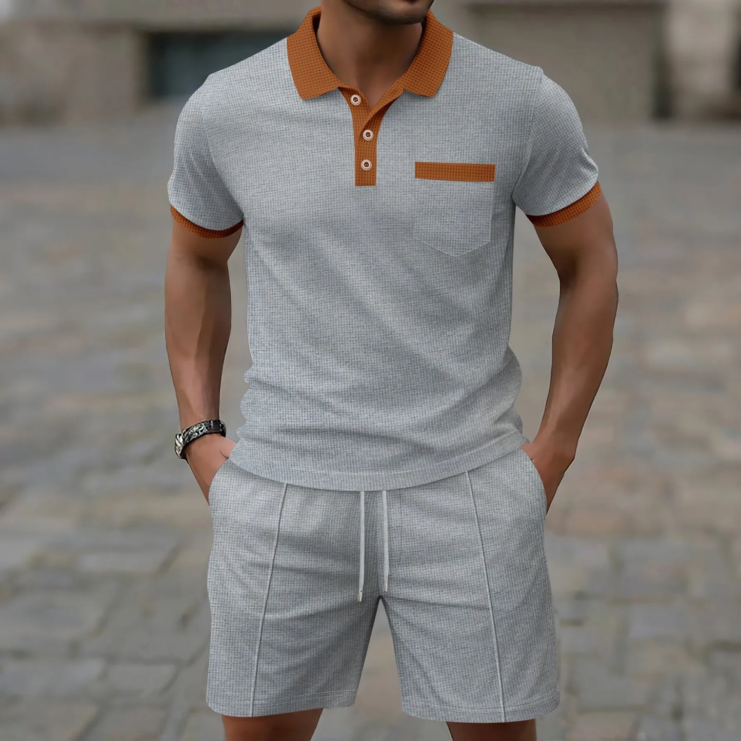2025 summer new men waffle pocket color matching POLO shirt short sleeve shirt T-shirt shorts two sets