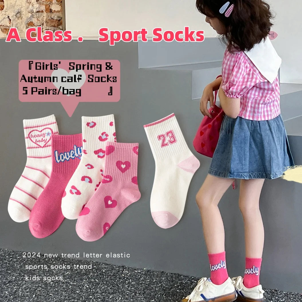 5 Pairs Children's Socks Girls Boys Trendy Pattern Sport Sock Spring Socks 3-12T Kids Mid-calf Socks Cotton Sock
