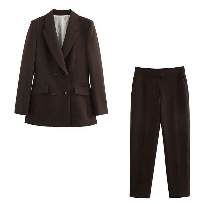 TRAFZA 2025 Women Elegant Lapel Double-Breasted Pocket Casual Blazer Coat+Fashion High Waist Zipper Loose Trousers 2 Piece Set
