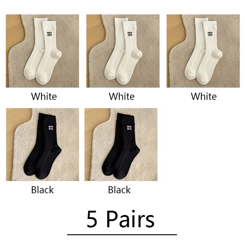 5 Pairs Socks Letter Designer Women Socks Luxury Brands Embroidered Striped Double-needle Mid-Tube Fashion Solid Cotton Socks
