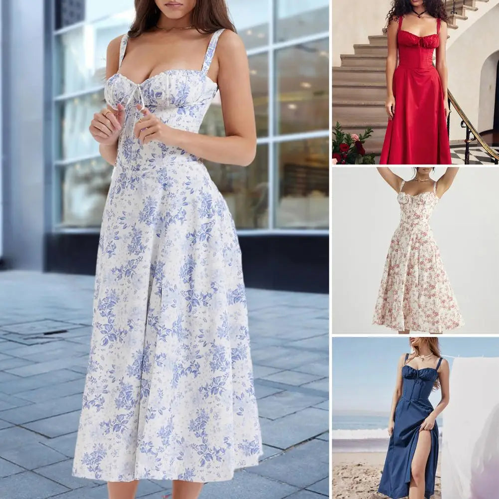 Sleeveless Party Dress Elegant Lace-up Bandeau Floral Print Midi Dress with Corset Design Side Split Hem Women's Slim for Women