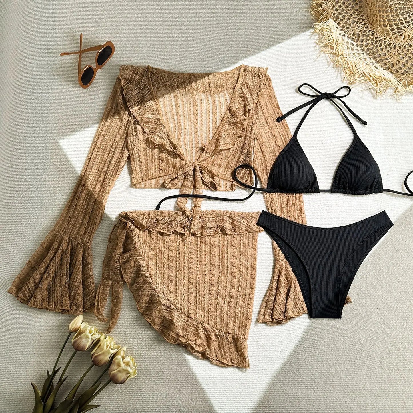 VigoCasey Sexy Solid 4 Piece Mesh Cove Up Bikini Set Swimwear Women 2025 Tied Halter Push Up Swimsuit Lady Beach Bathing Suit