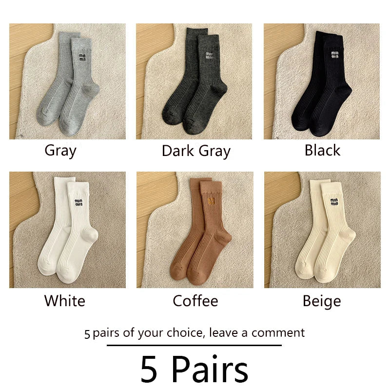 5 Pairs Socks Letter Designer Women Socks Luxury Brands Embroidered Striped Double-needle Mid-Tube Fashion Solid Cotton Socks