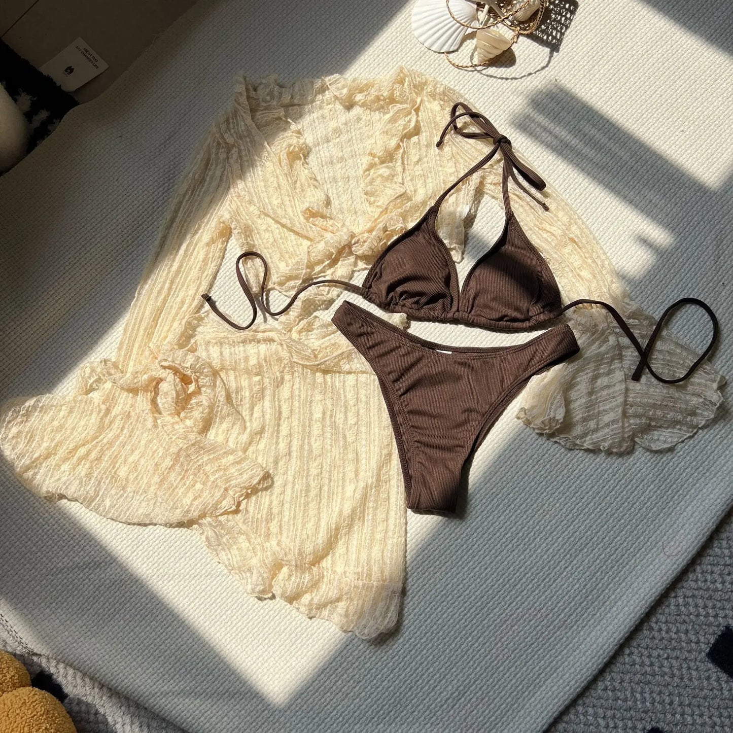 VigoCasey Sexy Solid 4 Piece Mesh Cove Up Bikini Set Swimwear Women 2025 Tied Halter Push Up Swimsuit Lady Beach Bathing Suit