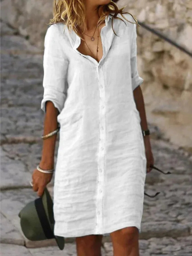 Women's White Long Sleeved Elegant Shirt Dress, Women's Fashionable Spring Casual Wear, Women's