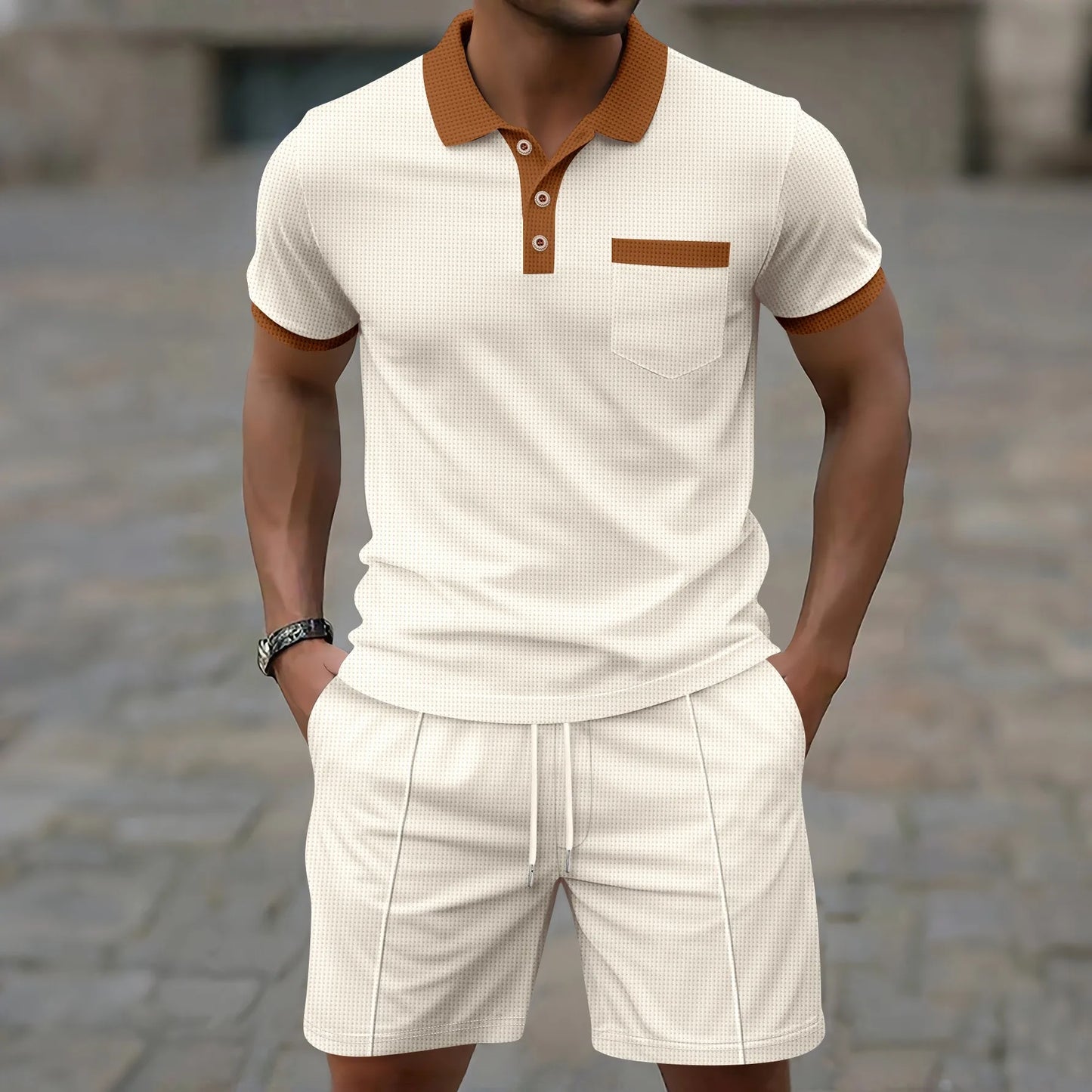2025 summer new men waffle pocket color matching POLO shirt short sleeve shirt T-shirt shorts two sets