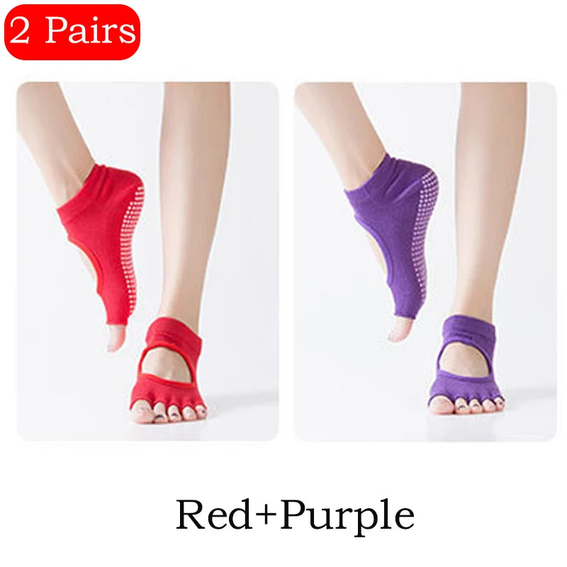 2 Pairs Yoga Socks Comfort Dot Glue Five-finger Socks Women's Professional Non-slip Pilates Sports Cotton Yoga Split Toe Socks