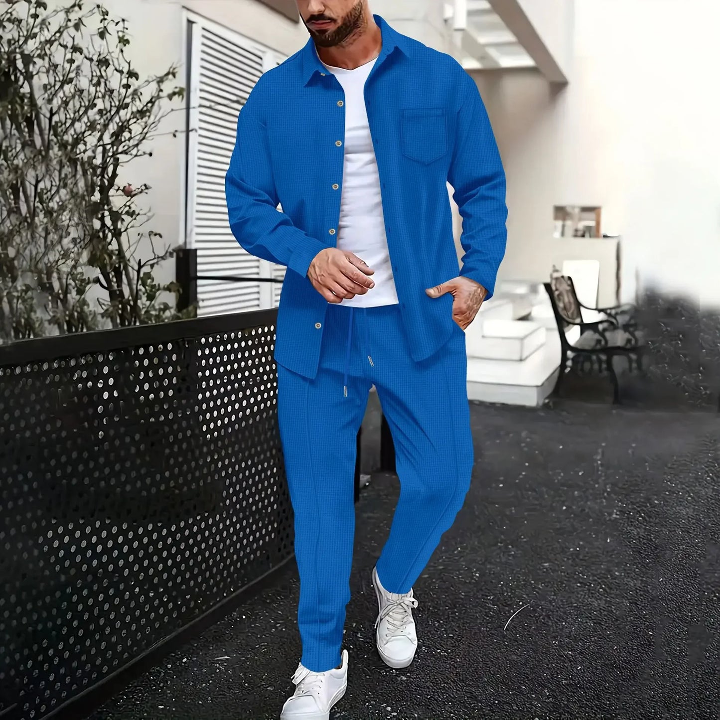 Spring and Autumn Men Waffle Solid Color Two-piece New Trend Lapel Long-sleeved Shirt and Trousers Casual Outdoor Sports Suit