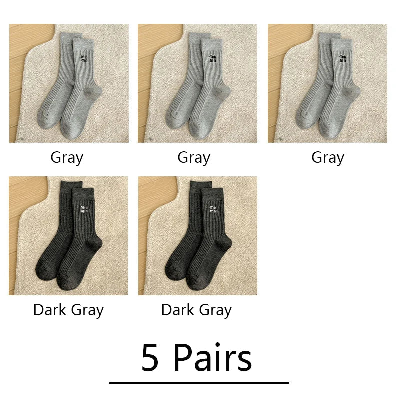 5 Pairs Socks Letter Designer Women Socks Luxury Brands Embroidered Striped Double-needle Mid-Tube Fashion Solid Cotton Socks
