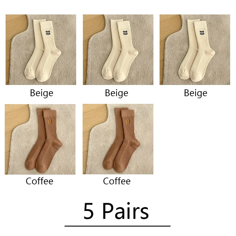 5 Pairs Socks Letter Designer Women Socks Luxury Brands Embroidered Striped Double-needle Mid-Tube Fashion Solid Cotton Socks