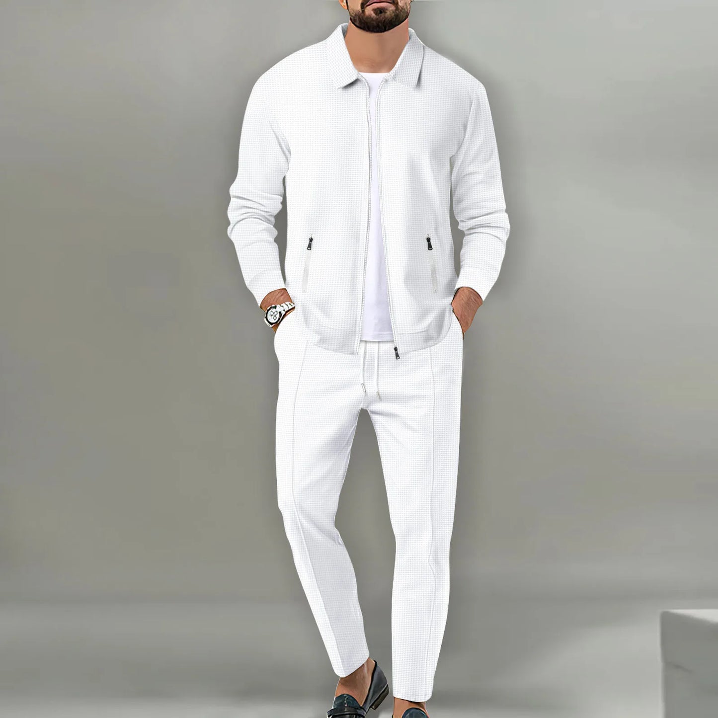 2025 Spring And Autumn Men's Two-Piece Breathable Waffle Lattice Zipper Pocket Lapel slim Cardigan Coat and Pants Men's Suit