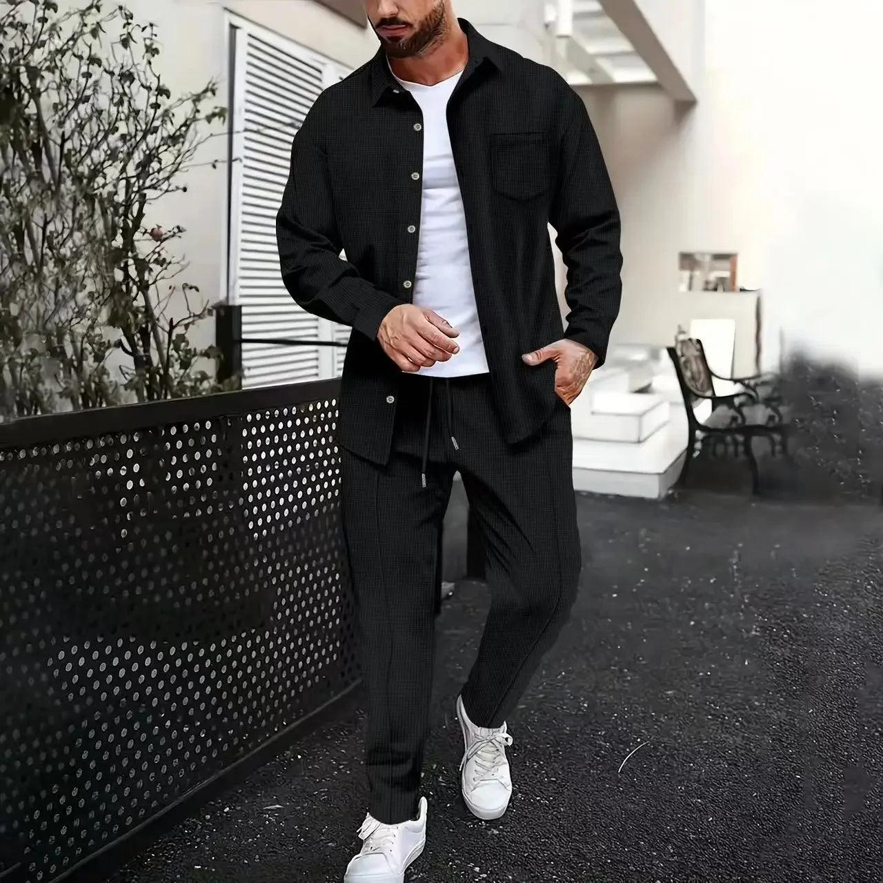 Spring and Autumn Men Waffle Solid Color Two-piece New Trend Lapel Long-sleeved Shirt and Trousers Casual Outdoor Sports Suit