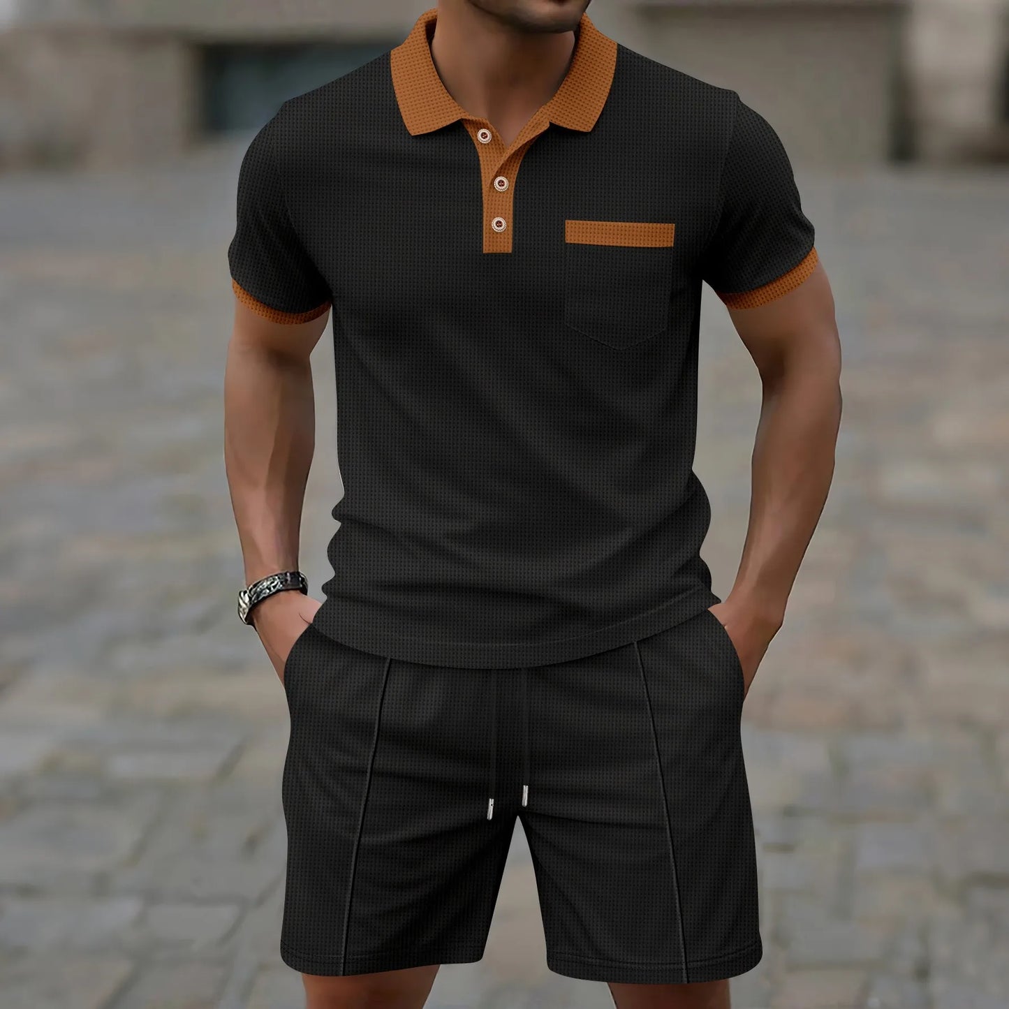 2025 summer new men waffle pocket color matching POLO shirt short sleeve shirt T-shirt shorts two sets